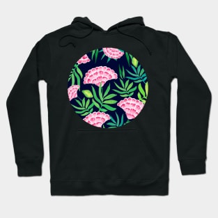 Tropical flowers watercolor pattern on dark blue background Hoodie